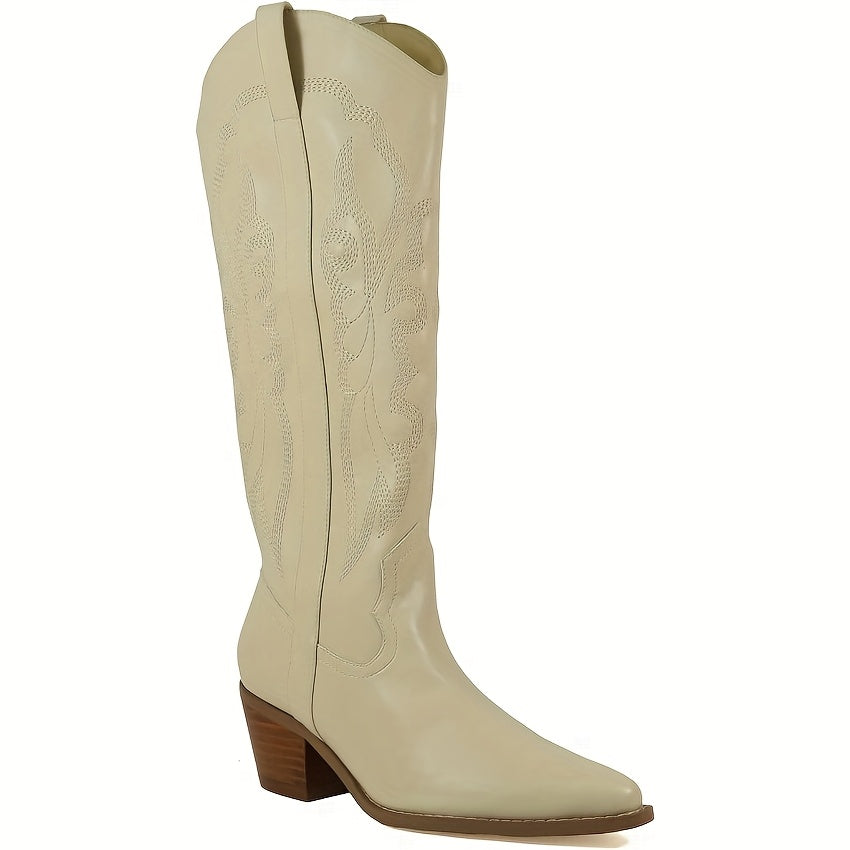 Brandy Women's Western Cowboy Boots Knee-High Embroidery Stacked Heel Zipper Closure Pointed Toe Mid-Heel Synthetic Cover All-Season Versatile Boots, Cowgirl Boots, Fashion Footwear
