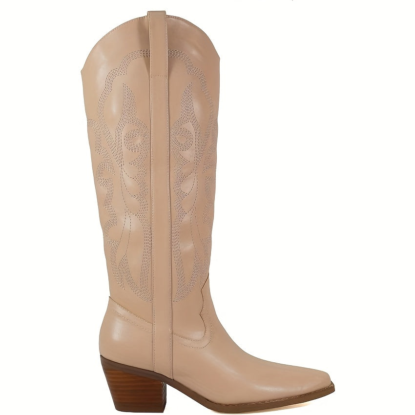 Brandy Women's Western Cowboy Boots Knee-High Embroidery Stacked Heel Zipper Closure Pointed Toe Mid-Heel Synthetic Cover All-Season Versatile Boots, Cowgirl Boots, Fashion Footwear