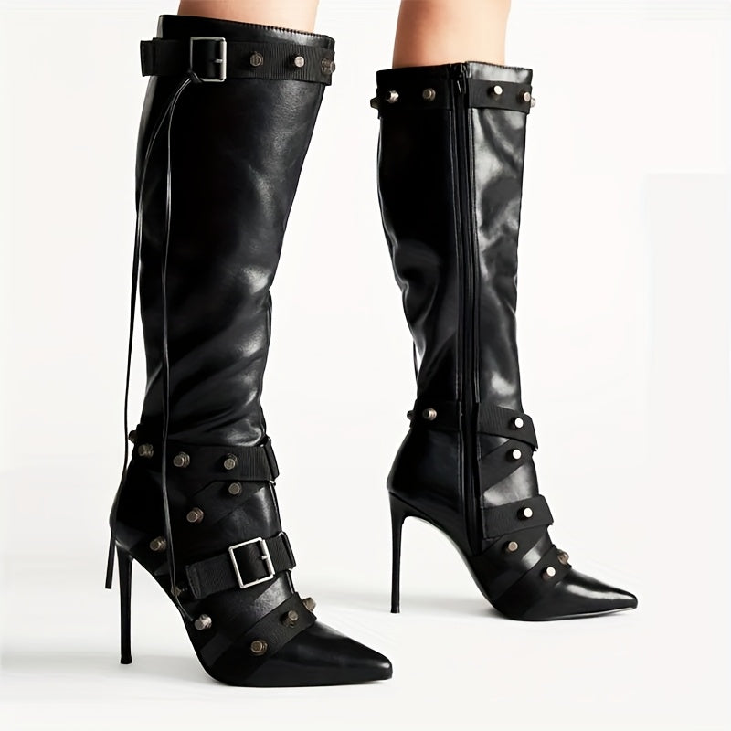 Women'S Knee High Boots Stiletto Punk Studded Sexy Boots Gothic Pointed Toe Rivets Tassel Long Boot Sexy High Heel Punk Boots Motorcycle Zipper Party Festival