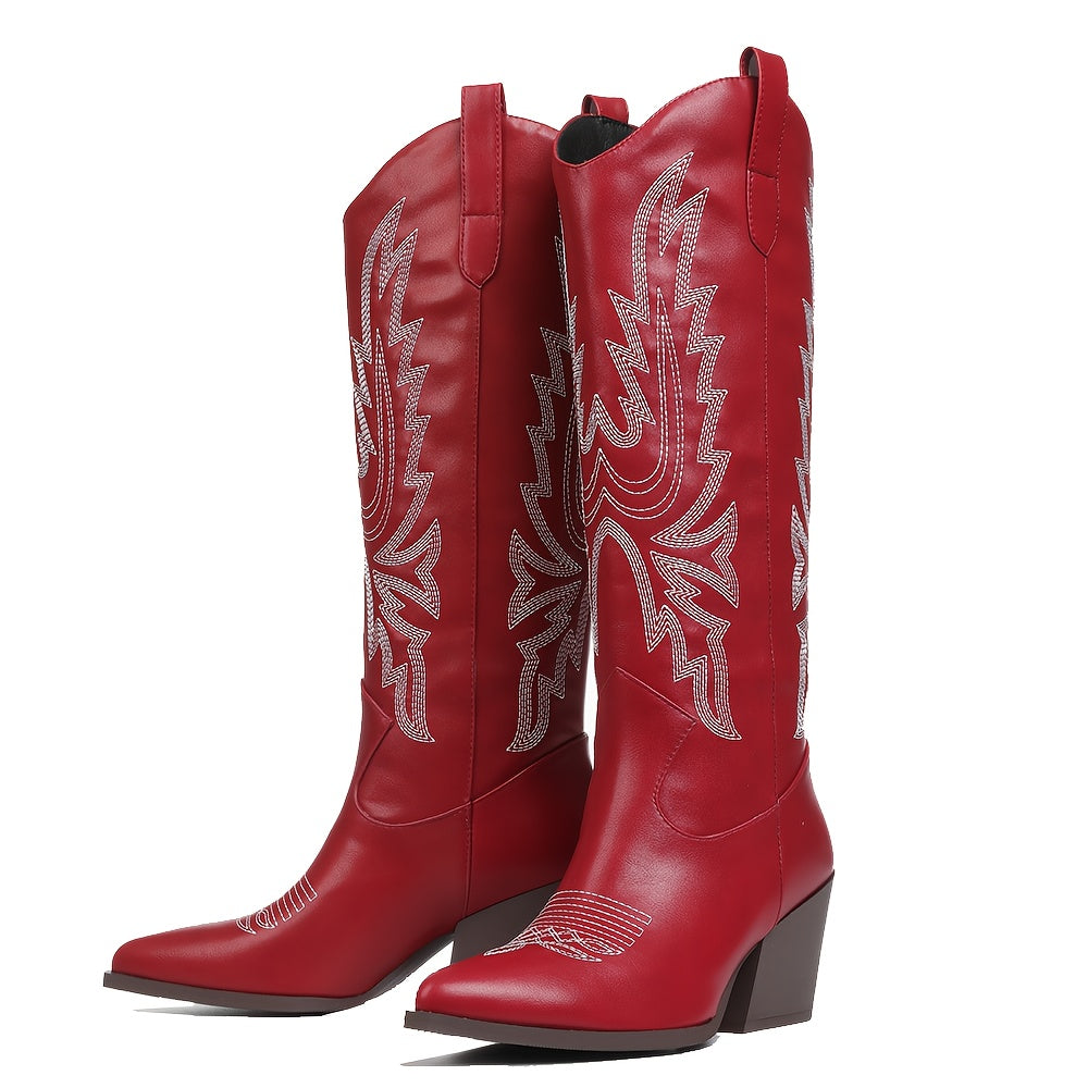 Vintage Western Women's Knee-High Cowgirl Boots - Pointed Toe Embroidery, Chunky Mid Heel, Cover & PU Cover, Pull-On Closure for Music Festivals, Concerts, Themed Parties & Winter Wear
