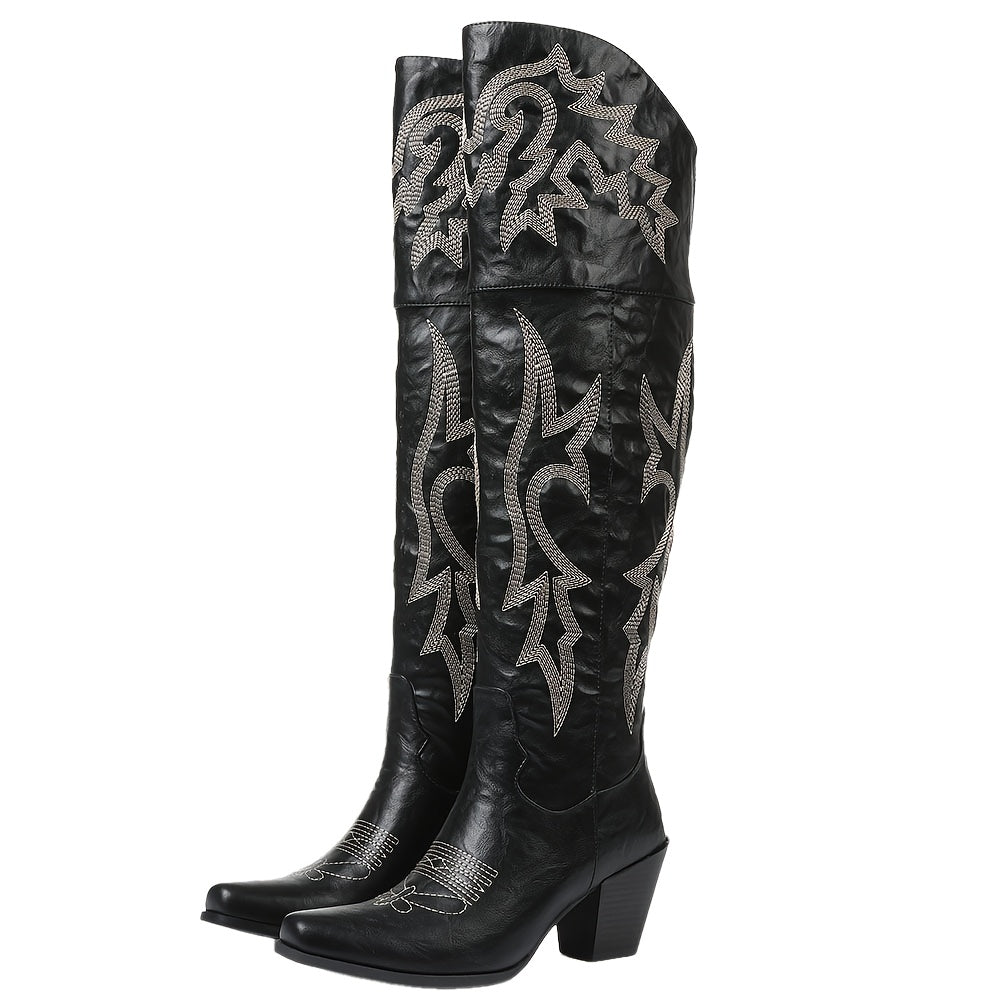 Women's Western Embroidered Cowboy Boots - Over-The-Knee Thigh-High Riding Boots with Chunky Heel, Pointed Toe & Side Zipper, Black PU Cover with Floral Embroidery, Perfect for Casual or Party Wear, Cowgirl Boots