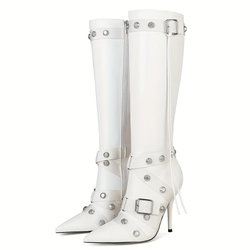Women'S Knee High Boots Stiletto Punk Studded Sexy Boots Gothic Pointed Toe Rivets Tassel Long Boot Sexy High Heel Punk Boots Motorcycle Zipper Party Festival