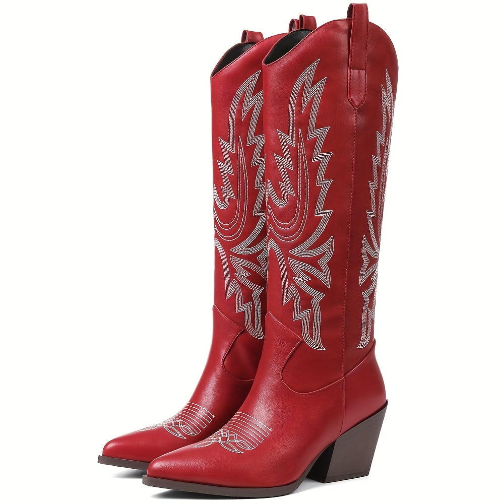 Vintage Western Women's Knee-High Cowgirl Boots - Pointed Toe Embroidery, Chunky Mid Heel, Cover & PU Cover, Pull-On Closure for Music Festivals, Concerts, Themed Parties & Winter Wear