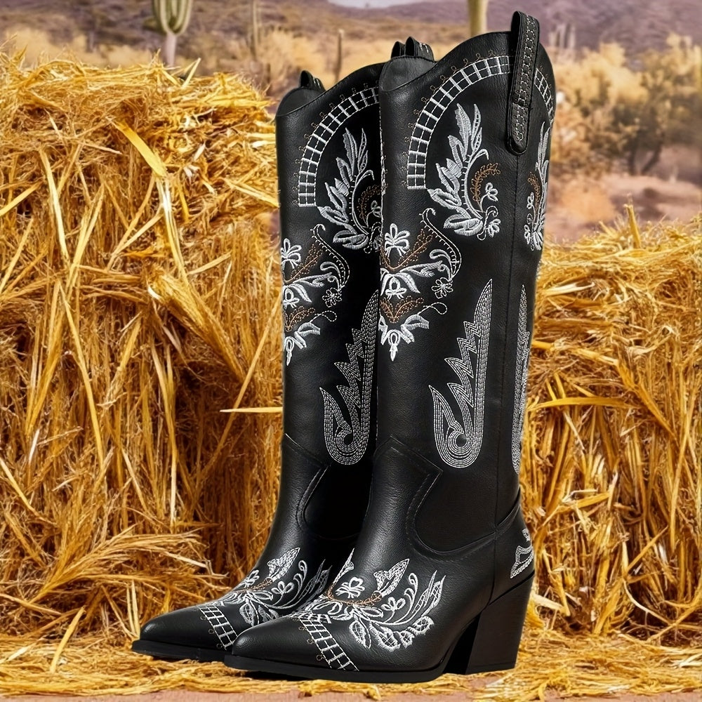 Cowboy Boots for Women Knee High Cowgirl Boots Western Country Boots with Classic Embroidery Pointed Toe Pull On Boots