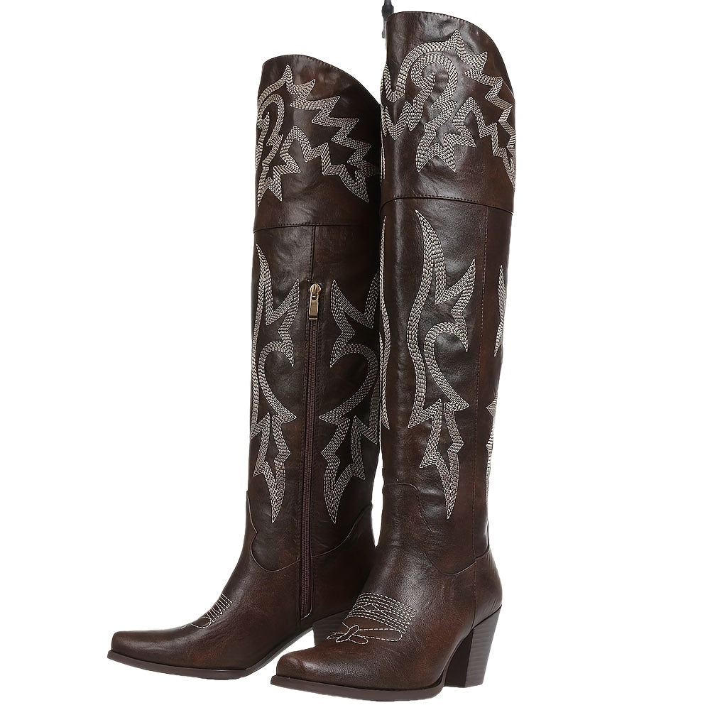 Women's Western Embroidered Cowboy Boots - Over-The-Knee Thigh-High Riding Boots with Chunky Heel, Pointed Toe & Side Zipper, Black PU Cover with Floral Embroidery, Perfect for Casual or Party Wear, Cowgirl Boots
