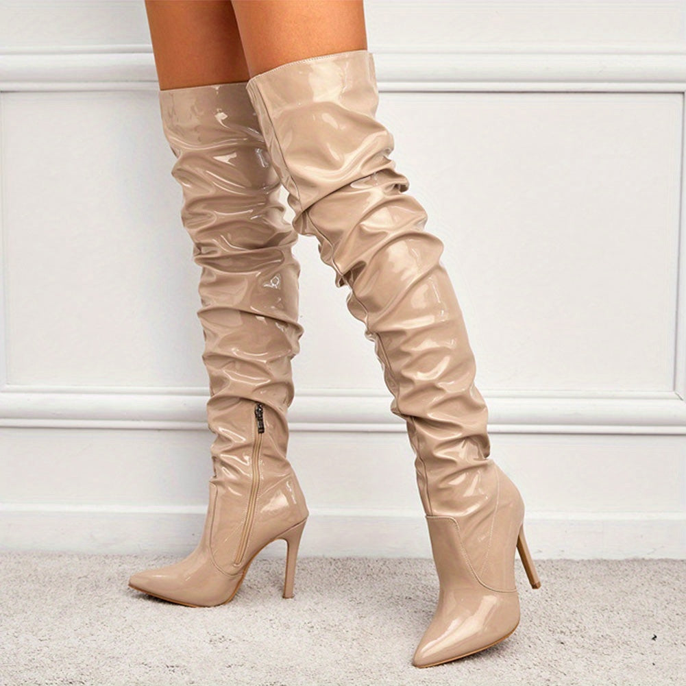 EROCALLI Women'S Red Glossy PU Over-the-Knee Boots - Pointed Toe Stiletto Heel, Side Zipper Closure, Comfortable & Stylish for Winter Parties & Formal Events, Stiletto Heels, Party Footwear, Sleek Boot Design, Durable Traction Footwear