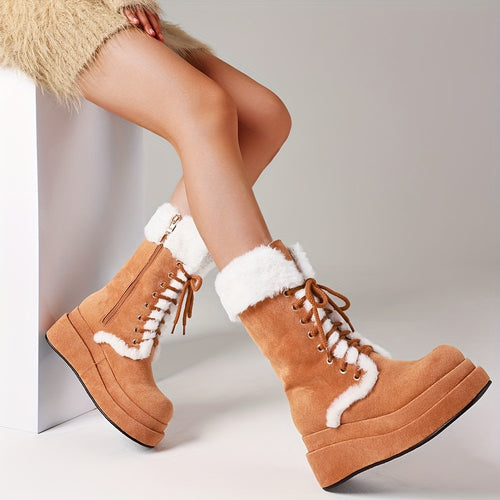 1pr MIKARKA Women'S Mid-Calf Snow Boots - Fashion Corduroy Ankle Boots with Faux Fur Trim, Round Toe, Thick Sole, Lace-Up Closure, Rubber Sole, Plush Insole for Casual Winter Wear