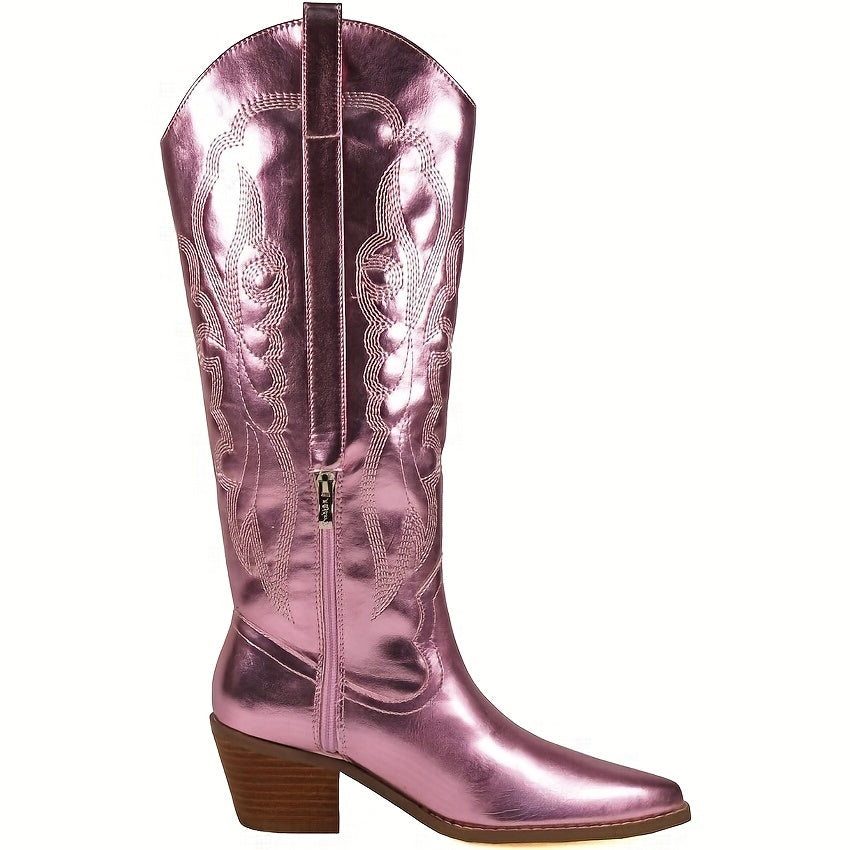 Brandy Women's Western Cowboy Boots Knee-High Embroidery Stacked Heel Zipper Closure Pointed Toe Mid-Heel Synthetic Cover All-Season Versatile Boots, Cowgirl Boots, Fashion Footwear