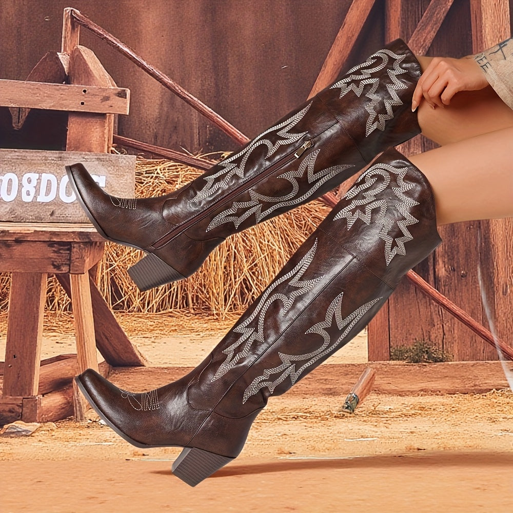Women's Western Embroidered Cowboy Boots - Over-The-Knee Thigh-High Riding Boots with Chunky Heel, Pointed Toe & Side Zipper, Black PU Cover with Floral Embroidery, Perfect for Casual or Party Wear, Cowgirl Boots