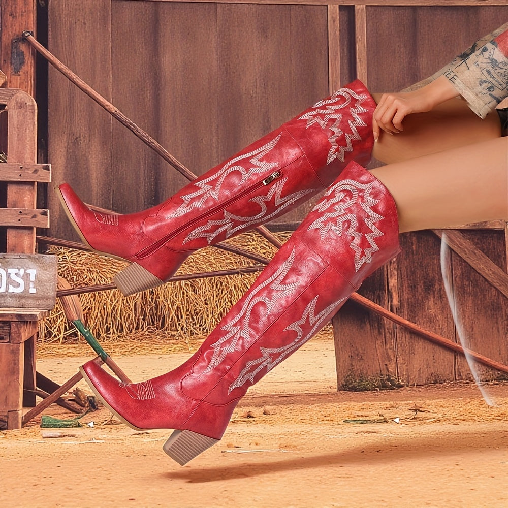 Women's Western Embroidered Cowboy Boots - Over-The-Knee Thigh-High Riding Boots with Chunky Heel, Pointed Toe & Side Zipper, Black PU Cover with Floral Embroidery, Perfect for Casual or Party Wear, Cowgirl Boots