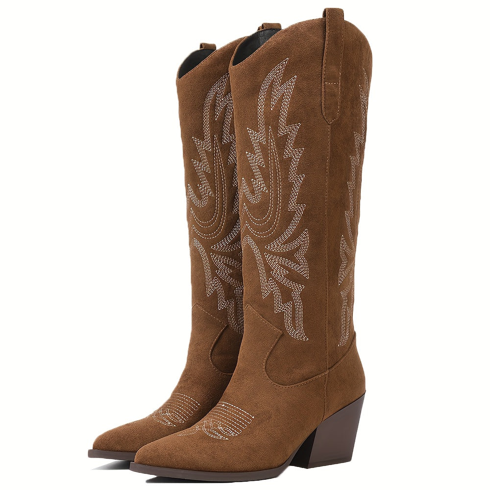 Vintage Western Women's Knee-High Cowgirl Boots - Pointed Toe Embroidery, Chunky Mid Heel, Cover & PU Cover, Pull-On Closure for Music Festivals, Concerts, Themed Parties & Winter Wear
