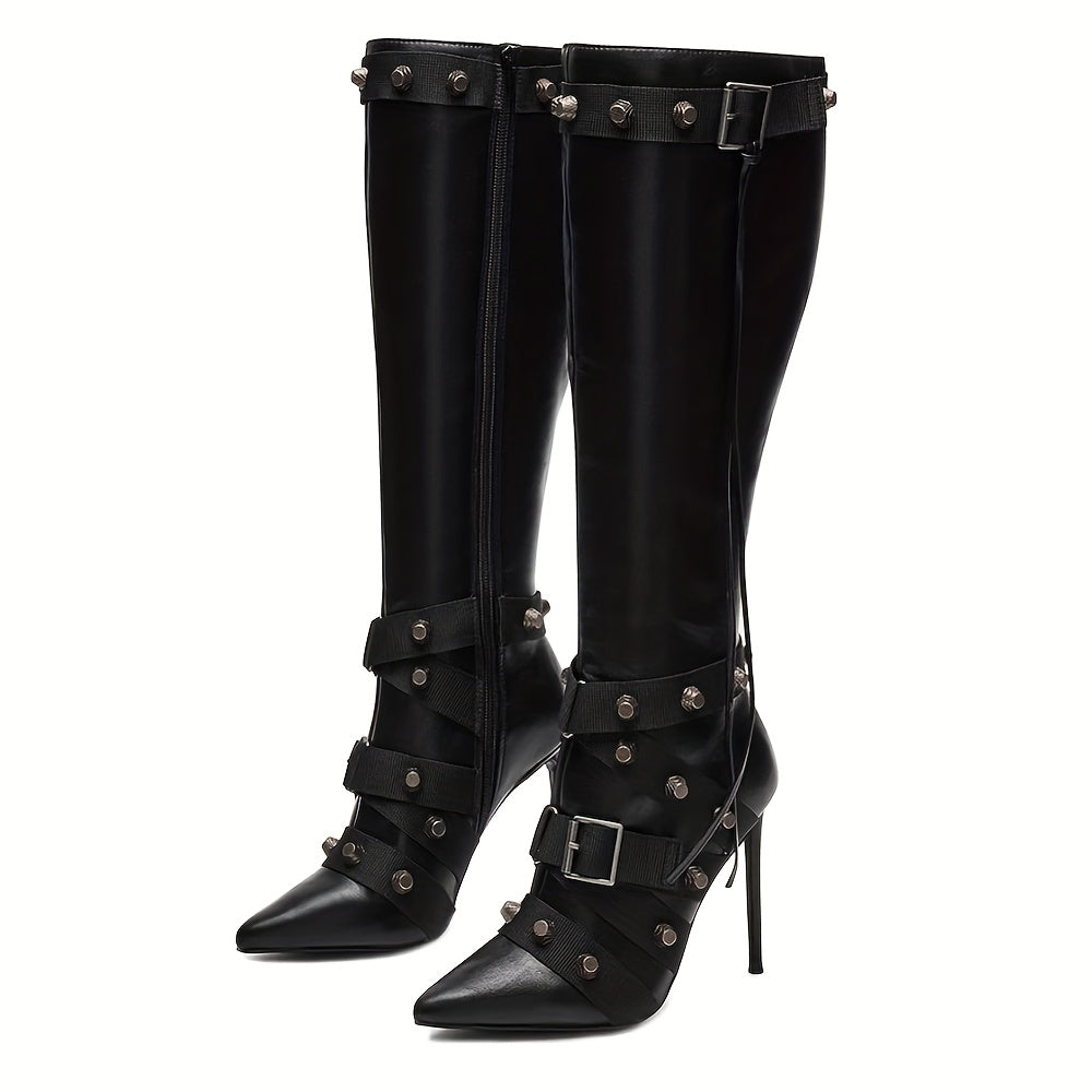 Women'S Knee High Boots Stiletto Punk Studded Sexy Boots Gothic Pointed Toe Rivets Tassel Long Boot Sexy High Heel Punk Boots Motorcycle Zipper Party Festival