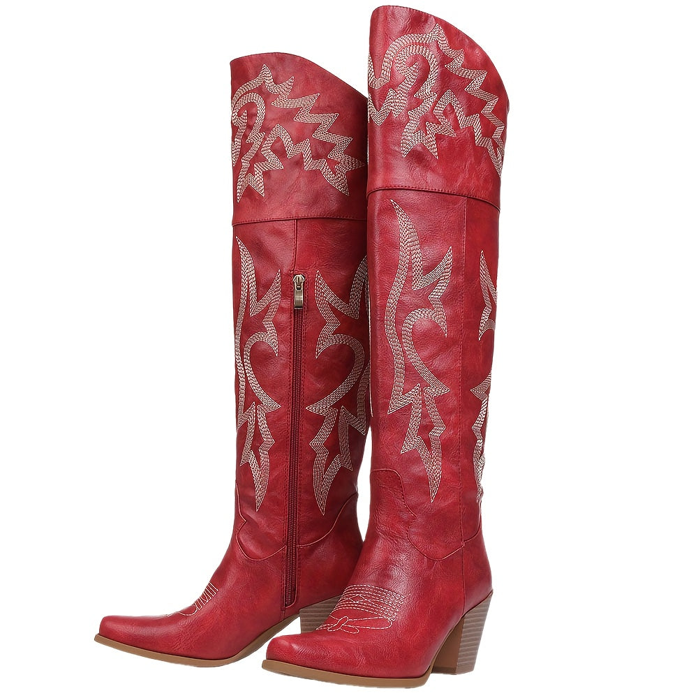Women's Western Embroidered Cowboy Boots - Over-The-Knee Thigh-High Riding Boots with Chunky Heel, Pointed Toe & Side Zipper, Black PU Cover with Floral Embroidery, Perfect for Casual or Party Wear, Cowgirl Boots