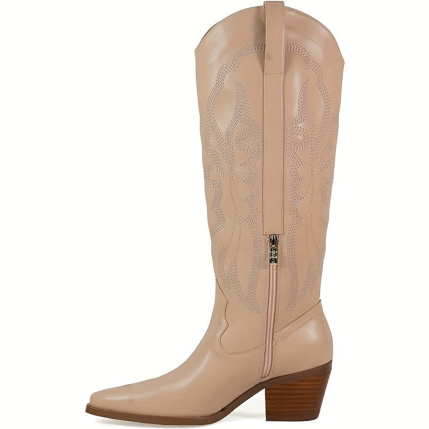 Brandy Women's Western Cowboy Boots Knee-High Embroidery Stacked Heel Zipper Closure Pointed Toe Mid-Heel Synthetic Cover All-Season Versatile Boots, Cowgirl Boots, Fashion Footwear