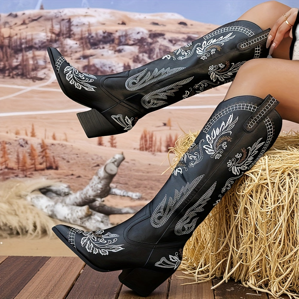 Cowboy Boots for Women Knee High Cowgirl Boots Western Country Boots with Classic Embroidery Pointed Toe Pull On Boots